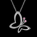 Butterfly necklace with pink gemstones on a white background