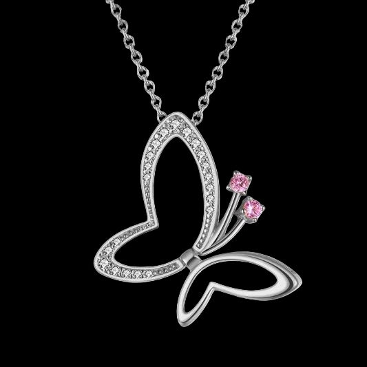 Butterfly necklace with pink gemstones on a white background