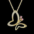 Gold butterfly necklace with pink gemstone on a white background