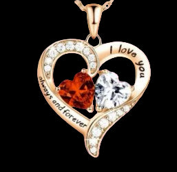 Heart-shaped pendant with 'I love you' and 'always and forever' text on a pink background